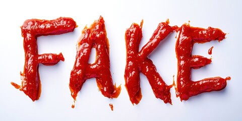The word fake is written in red ketchup on a white background