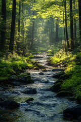 Obraz premium Serenity in Nature: A Quiet Moment by the Stream Beneath a Sunlit Forest Canopy