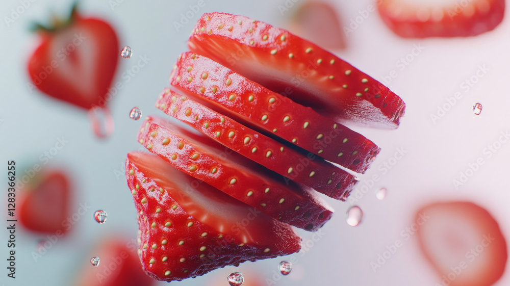 Poster a close up of a strawberry with a slice missing