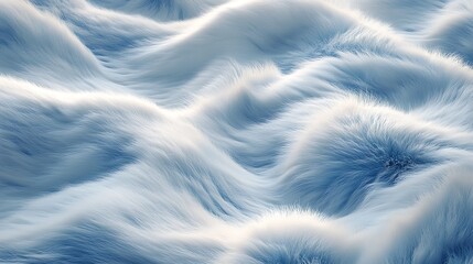 A close-up of plush fur transitioning from icy blue to pure white, arranged in smooth, flowing patterns, delicate fine strands illuminated by cold, diffused light,