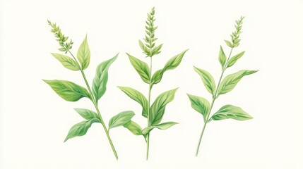 Fototapeta premium Botanical Art Of Three Green Plants On An Isolated White Background.