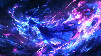 Neon glowing waves, magic energy space light concept, abstract background wallpaper design