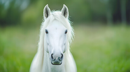 Fototapeta premium White horse portrait looking directly forward in a lush green pasture during daytime.