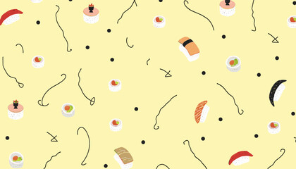 various sushi items, including sushi rolls, sashimi, and other sushi-related items, arranged in a casual, playful manner against a yellow background.