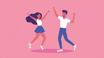 Happy friend couple dance vector illustration. Cartoon excited party character dancer. Adult energetic man and woman pose on disco show together. Cheerful beautiful youth girl and guy posture
