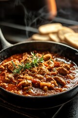 Hearty Beef Tripe Soup with Spices and Fresh Herbs Served with Bread in a Cozy Kitchen