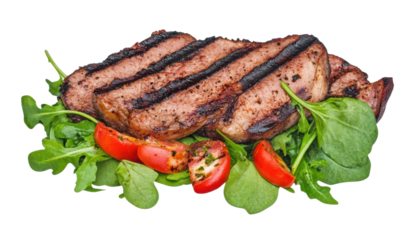 Grilled meat with fresh vegetables on plate, cut out