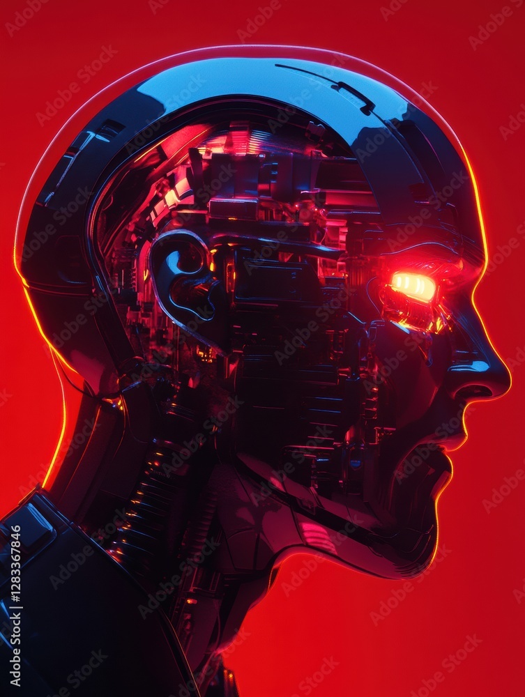 Poster side profile of a futuristic human head with robotic features and glowing implants. generative ai
