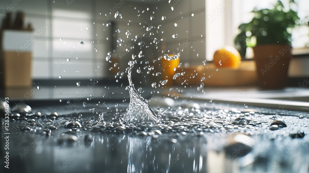 Aufkleber water spills on table top perspective view. vector realistic background with liquid puddles, water d