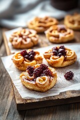 Delicate Puff Pastry Filled with Strawberry Jam and Caramelized Apple on Rustic Wooden Table