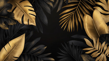 Tropical black gold leaves on dark background vector. Beautiful botanical design with tropic jungle leaves, exotic banana palm isolated. Wedding invitation card, holiday sale