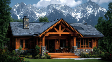 Naklejka premium Rustic Log Cabin Home with Stone Accents Surrounded by Lush Greenery and Distant Snow Capped Mountains Under a Bright Daytime Sky