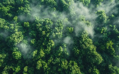 Aerial View of Green Forest Trees with Dramatic Light and Mist for Sustainable Environment and Carbon Neutrality