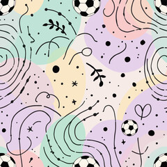 a soccer ball, a heart, and a leaf, all rendered in black against a background of pastel-colored circles and lines.
