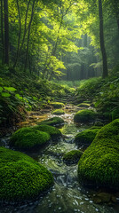Serenity in Nature: A Quiet Moment by the Stream Beneath a Sunlit Forest Canopy