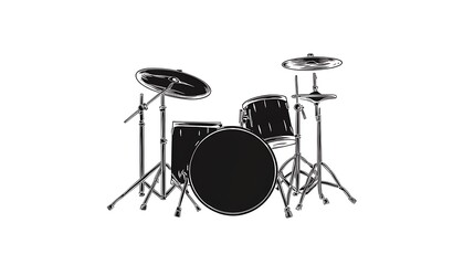  Cartoon sketch drawing of a drum set in black silhouette, isolated on a white background, Isolated drum illustration, Clipart for drum kits 