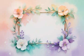 Fototapeta premium A dreamy pastel gradient invitation background with peach, mint, and lilac fading into one another. The floral frame refined with watercolor effects. 