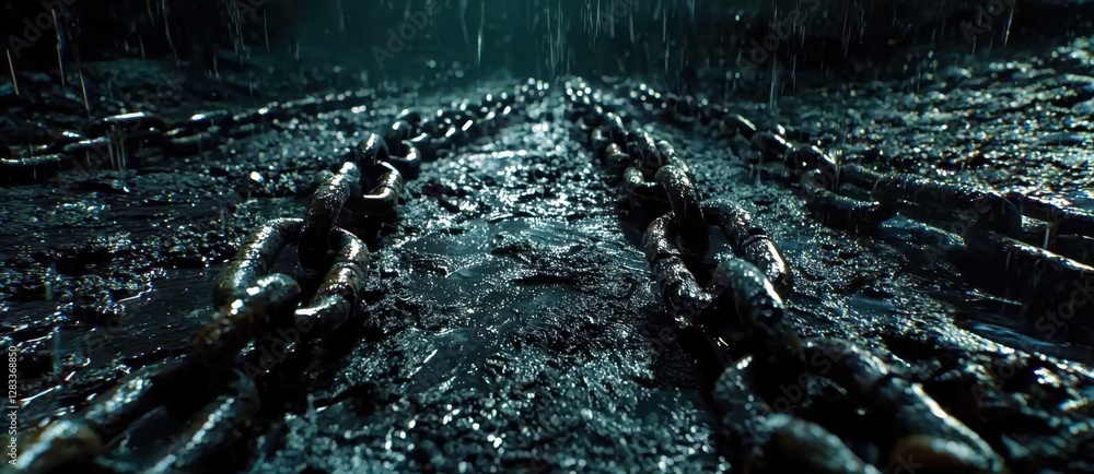 Poster chain of links is shown in a dark, wet environment