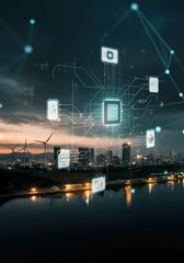 Smart Cityscape at Dusk with Digital Network Lines, Wind Turbines, and Microchip Icon Overlay