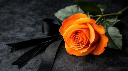   Single orange rose on gray surface with black ribbons