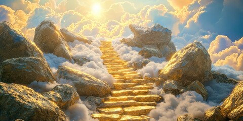 Gold staircase is shown in the sky