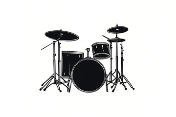  Cartoon sketch drawing of a drum set in black silhouette, isolated on a white background, Isolated drum illustration, Clipart for drum kits 