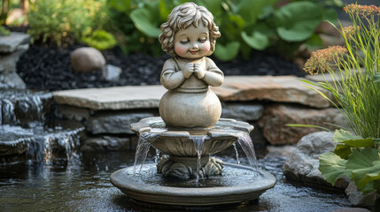 Fototapeta premium Cartoon fountain collection with varied designs - classical jug on column with ornate base, minimalist structure, tiered stone composition with arcing water streams. Decorative water garden assets.