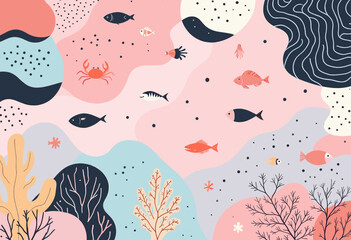 a variety of fish and sea creatures swimming in a colorful underwater scene, with a mix of pink, blue, and black tones.