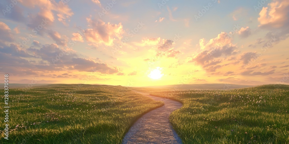 Poster long path in a field with a sun in the sky