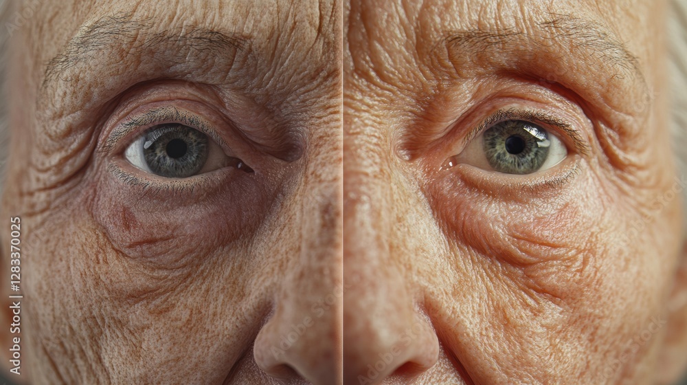 Poster transformation of aging skin showcasing wrinkles and dullness contrasted with smooth youthful appear