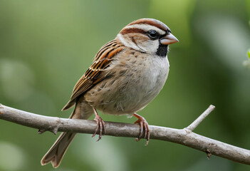 Sparrow on a tree branch with green background