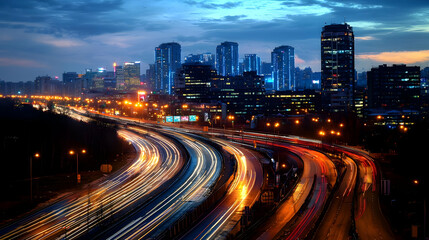 Obraz premium City Traffic At Night With Illuminated Buildings And Light Trails On Highway