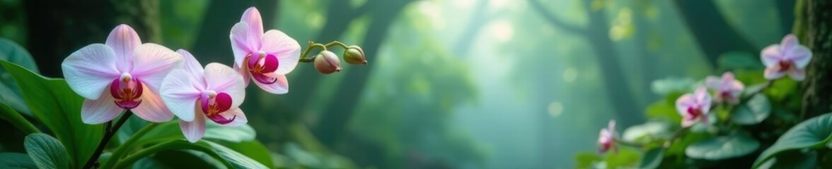 Fototapeta premium Dainty orchids and ferns gently swaying in a misty forest atmosphere, orchids, mist, floral installation