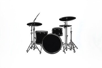  Cartoon sketch drawing of a drum set in black silhouette, isolated on a white background, Isolated drum illustration, Clipart for drum kits 