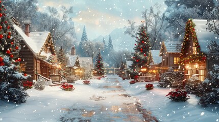 Snowy village street with Christmas lights, decorated houses, and snow-covered trees.