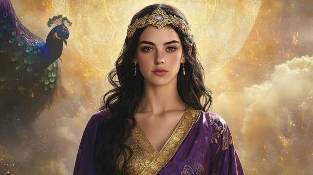 A professional photo of Hera, the Greek goddess of marriage and family, waist-up portrait