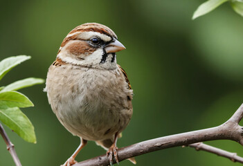 Sparrow on a tree branch with green background