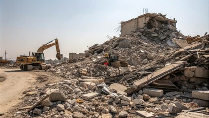 A massive pile of rubble with a few scattered pieces of machinery amidst the destruction, discarded equipment, urban landfill