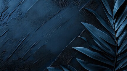 A dark blue textured background featuring elegant palm leaves, creating a sophisticated and stylish atmosphere, ideal for modern design purposes.