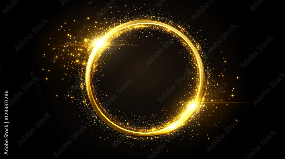 Aufkleber golden glowing circle frame with glitter sparkle on black background. realistic vector illustration 