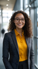 A confident and smiling woman in her late thirties, wearing glasses with dark curly hair
