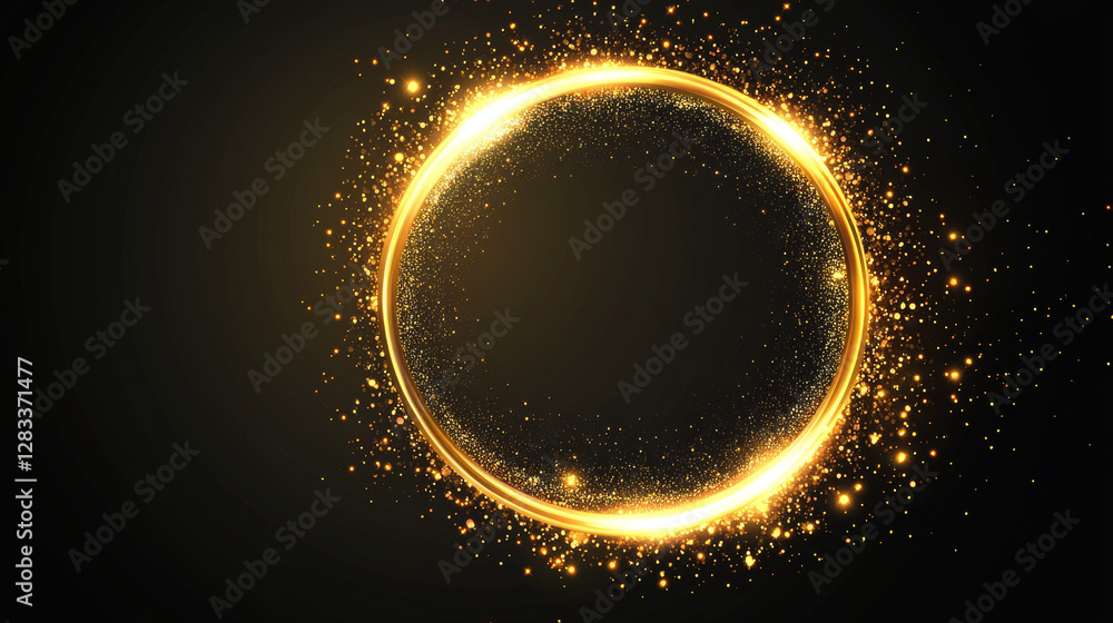 Poster golden glowing circle frame with glitter sparkle on black background. realistic vector illustration 