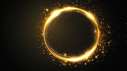 Golden glowing circle frame with glitter sparkle on black background. Realistic vector illustration of neon light round element with gold shiny sparks and reflection. Bright flare glossy ring.