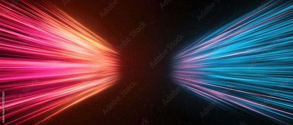 Poster a vibrant display of contrasting colors, featuring dynamic light rays in pink and blue, creating a s