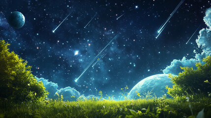 Naklejka premium Green space for fantasy game. Galaxy cartoon sky with planet. Outer universe at night with star vector background. Futuristic cosmic landscape of fiction magic world. Astronomy graphic with comet