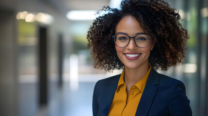 A confident and smiling woman in her late thirties, wearing glasses with dark curly hair
