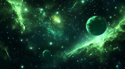 Obraz premium Green space for fantasy game. Galaxy cartoon sky with planet. Outer universe at night with star vector background. Futuristic cosmic landscape of fiction magic world. Astronomy graphic with comet
