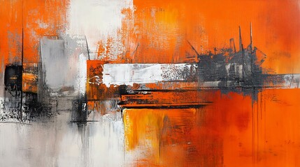 Abstract urban landscape in vibrant orange tones with hints of gray and white, evoking energy and modernity. Suitable for contemporary decor.