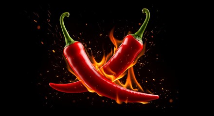 Burning Red Chili Peppers with Flames and Sparks on Black Backdrop