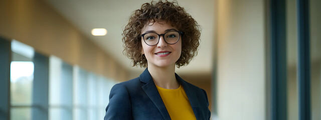 A confident and smiling woman in her late thirties, wearing glasses with dark curly hair
